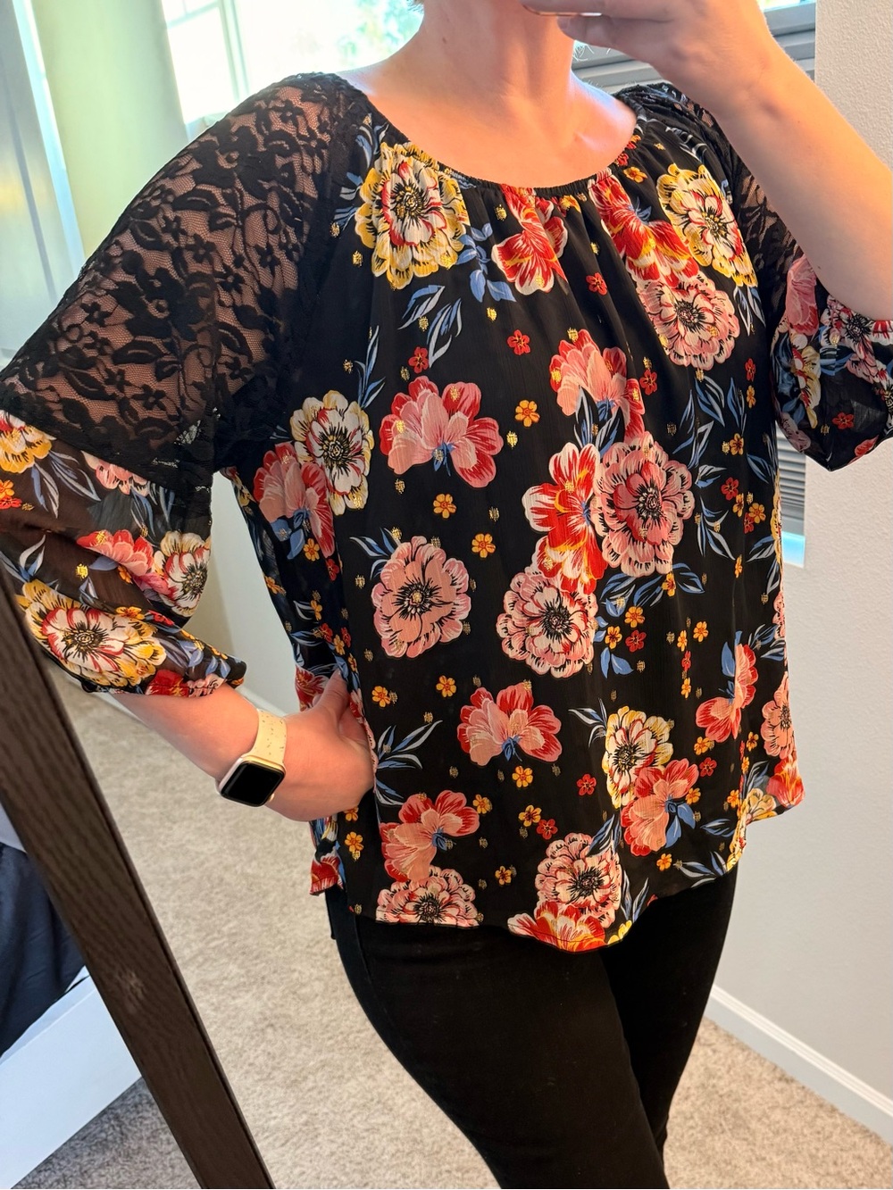 Adrienne Vittadini Black Floral Lace-Sleeve Blouse